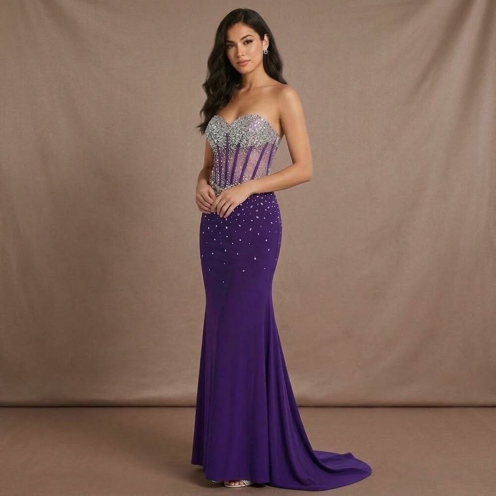 Women Long Prom Dresses Mermaid size 6 Beaded Formal Party Maxi Evening Gowns